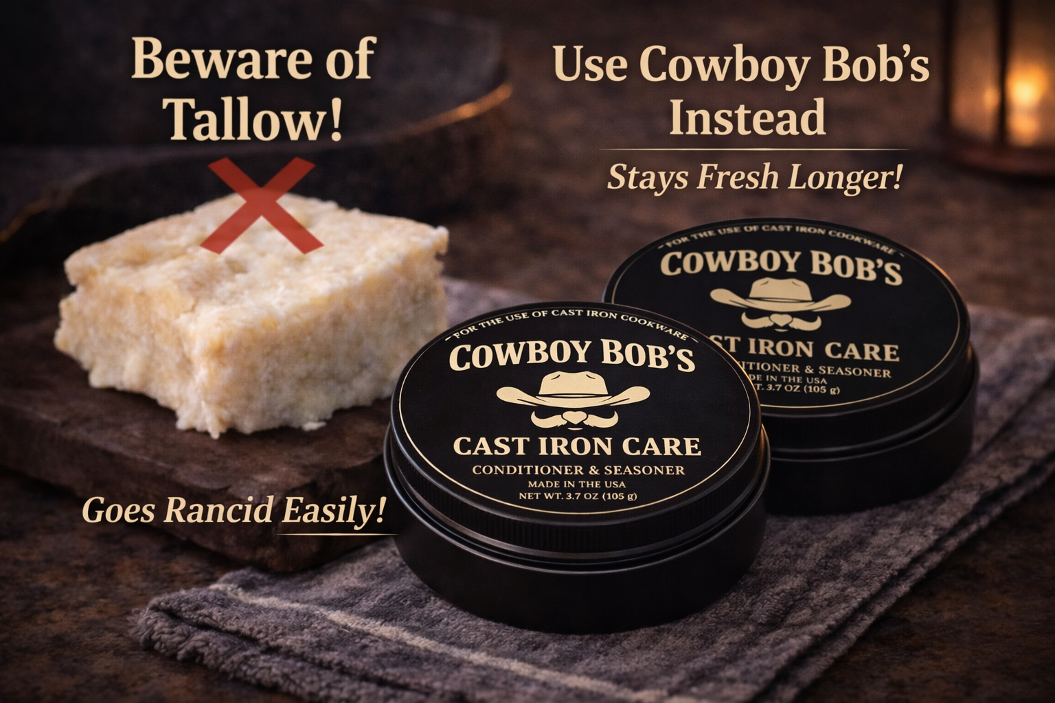 𝐂𝐨𝐰𝐛𝐨𝐲 𝐁𝐨𝐛’𝐬 𝐓𝐫𝐚𝐝𝐢𝐭𝐢𝐨𝐧𝐚𝐥 𝐂𝐚𝐬𝐭 𝐈𝐫𝐨𝐧 𝐂𝐨𝐧𝐝𝐢𝐭𝐢𝐨𝐧𝐞𝐫 & 𝐒𝐞𝐚𝐬𝐨𝐧𝐞𝐫 (𝐒𝐢𝐠𝐧𝐚𝐭𝐮𝐫𝐞 𝐒𝐢𝐳𝐞)  3.7 OUNCES (105 G)